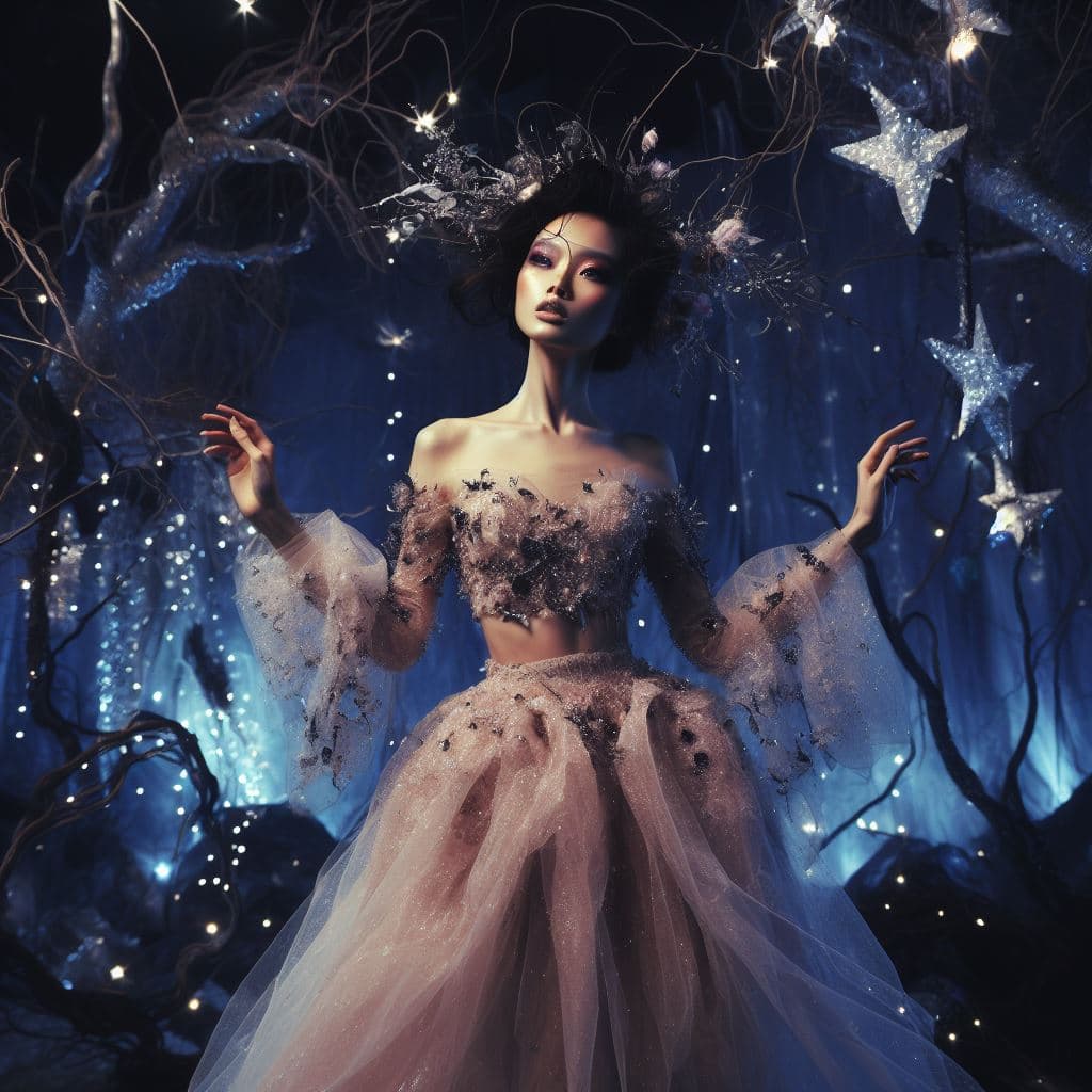 A digital fantasy illustration of a woman in an elaborate, ethereal gown with floral and tulle details, standing in a dark, magical forest illuminated by glowing lights and star-shaped decorations. She wears an ornate headpiece and poses with her arms slightly raised.