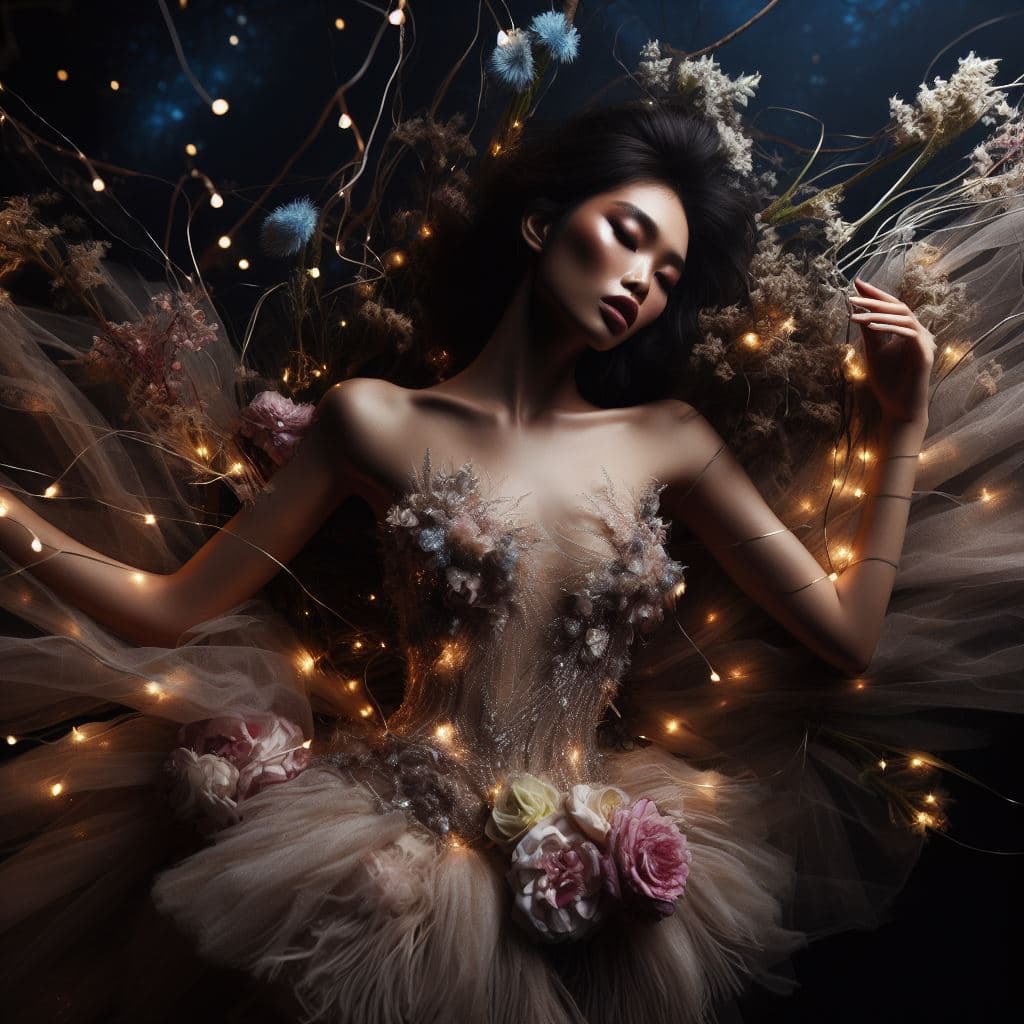 A digital art portrait of a woman with dark hair, wearing a sheer, floral-adorned dress, surrounded by dried flowers, tulle, and warm string lights against a dark background. The image has a dreamy, ethereal aesthetic with soft lighting and a focus on texture and natural elements.