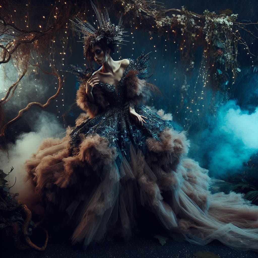 A digital fantasy illustration of a figure in an elaborate, voluminous gown featuring dark, textured fabric and large, fluffy brown fur accents. The figure wears an ornate, spiky headdress and stands in a misty, dark forest setting decorated with hanging string lights and foliage.