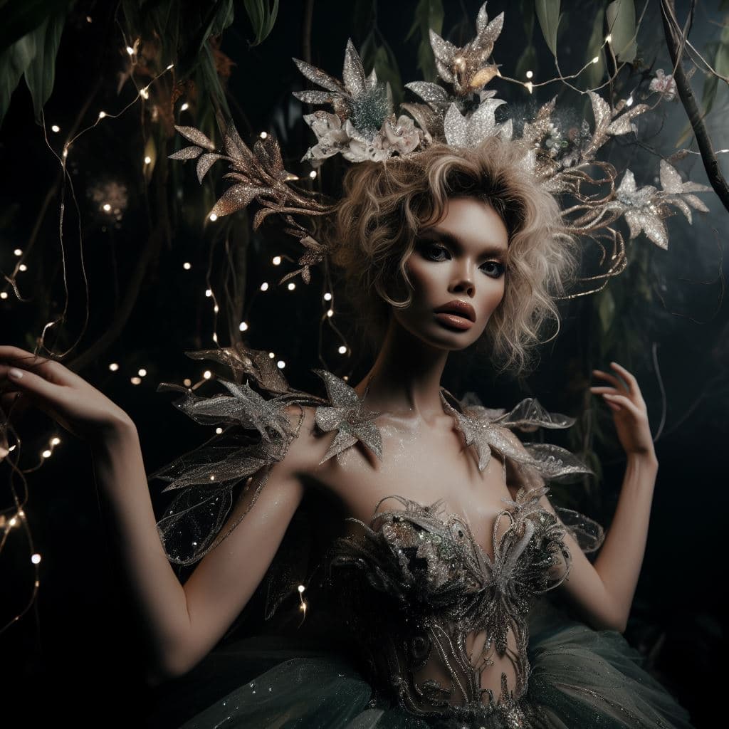 A woman with wavy blonde hair is shown in a dark, forest-like setting, wearing an elaborate, glittering costume and headpiece made of leaf and star-shaped elements. She is surrounded by hanging string lights and foliage, creating a magical, ethereal atmosphere.