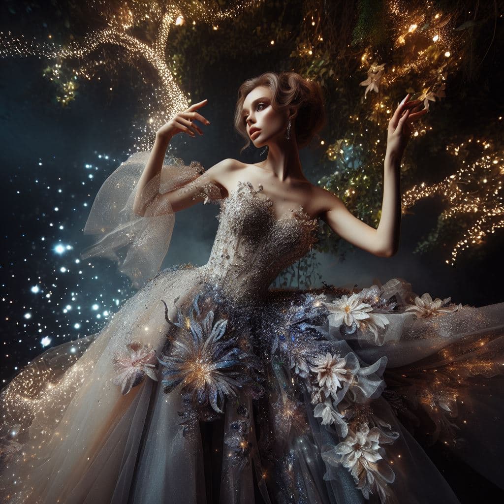 A digital illustration of a woman in an elaborate, sparkling gown adorned with large floral appliqués, standing in a magical, starlit forest setting. She has her arms raised gracefully, with one hand reaching toward glowing lights in the trees.