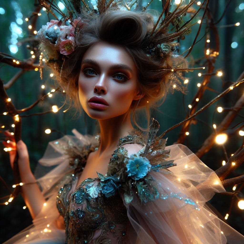 A digital artwork depicting a woman with an elaborate, nature-inspired headdress and gown, standing in a forest setting illuminated by string lights. The image has a fantasy or ethereal aesthetic, featuring floral and branch elements integrated into her attire and hair.