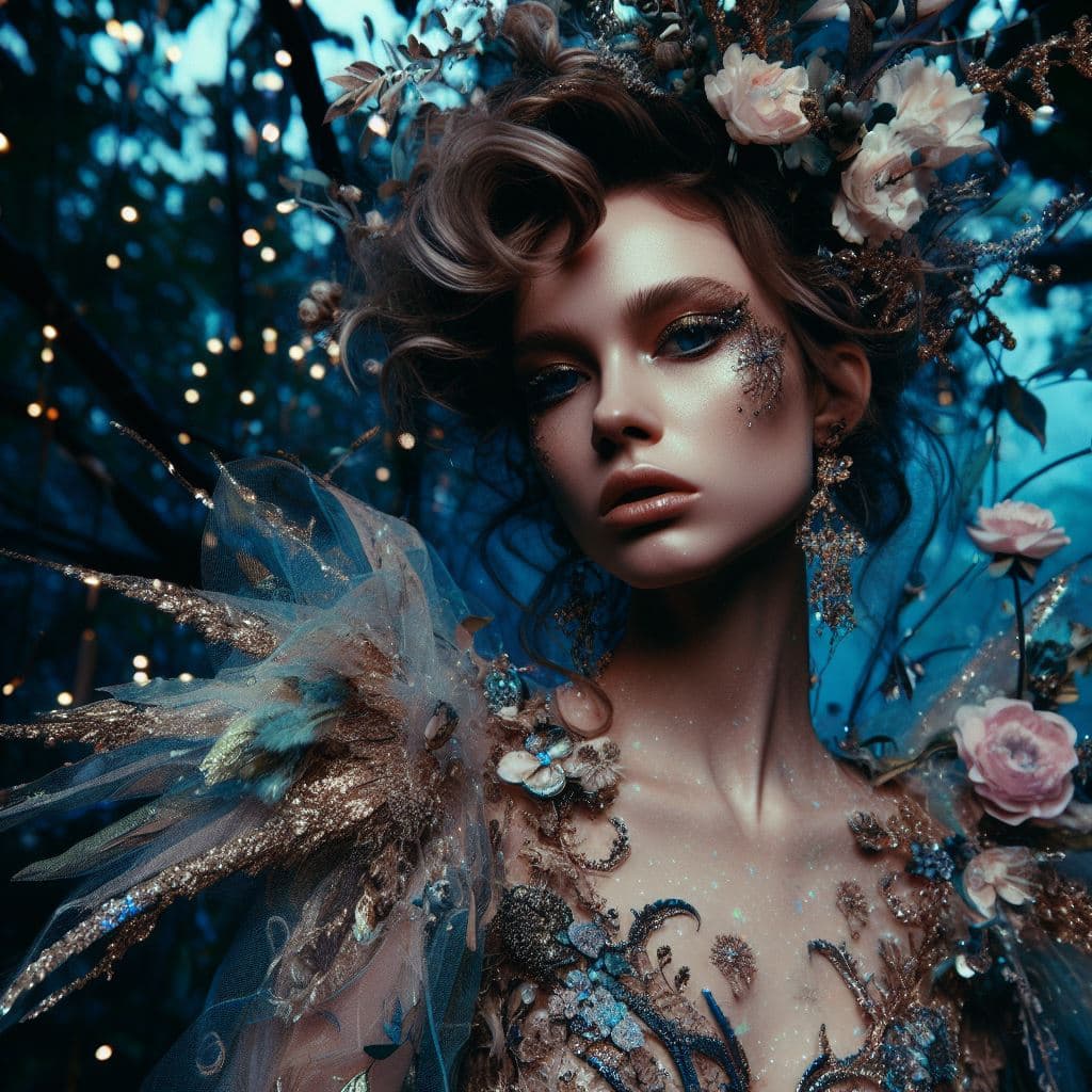 A digital art portrait of a woman with elaborate, nature-inspired makeup and a floral headpiece, set against a dark, bokeh-lit forest background. She wears a detailed, textured garment adorned with feathers, crystals, and floral elements in shades of blue, gold, and brown.