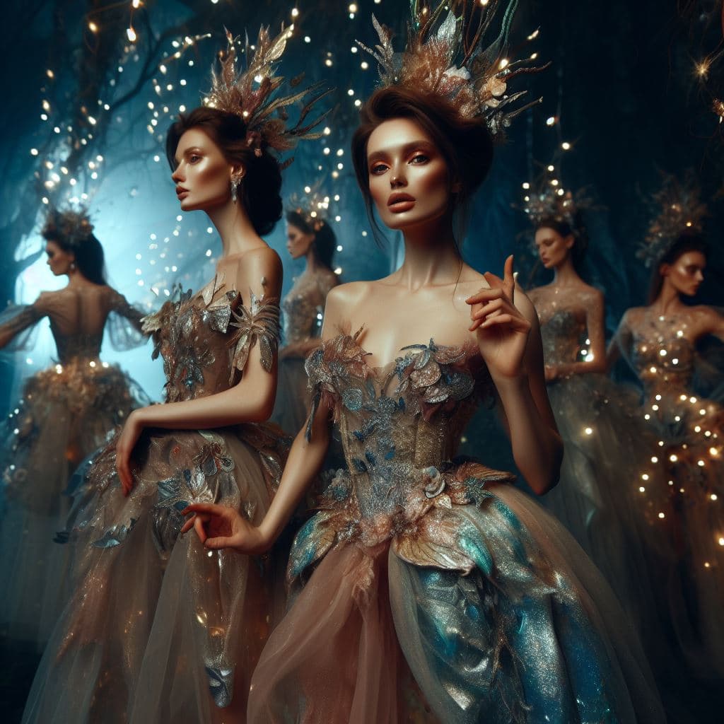A digital artwork depicting a group of women in elaborate, fantasy-style gowns and ornate headpieces, set against a dark, magical background with glowing lights. The central figure is shown in a three-quarter view, wearing a detailed blue and gold dress with leaf-like embellishments.