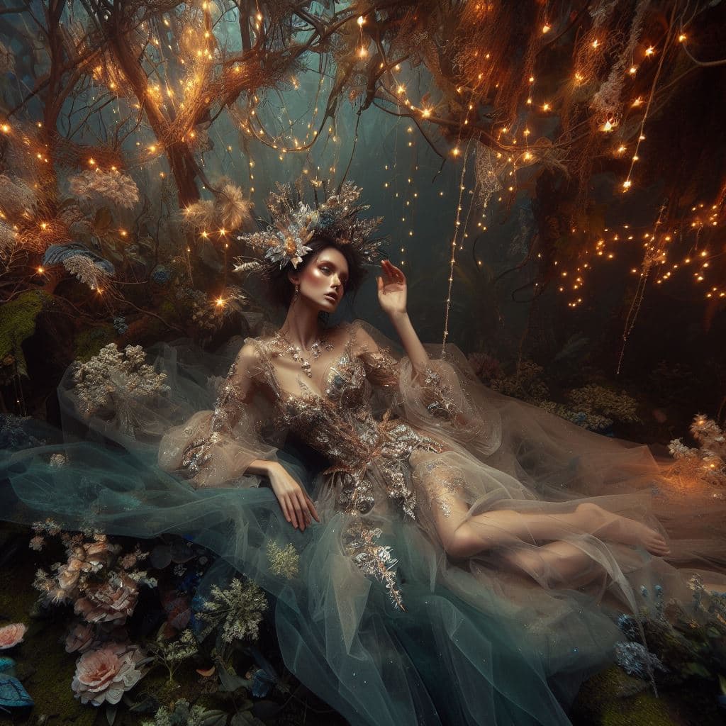 A fantasy-style digital illustration of a woman in an elaborate, ornate gown and floral headdress, reclining in a dark forest setting illuminated by hanging string lights and surrounded by flowers.