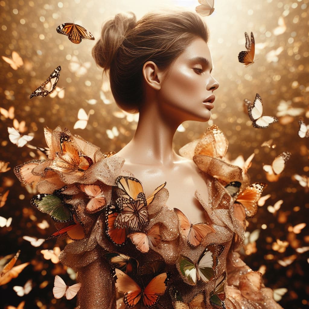 A digital artwork depicting a woman in profile wearing a glittering dress adorned with numerous butterflies, with more butterflies floating around her against a golden, bokeh-lit background. The image has a warm, ethereal aesthetic with a focus on the intricate butterfly details on the garment.