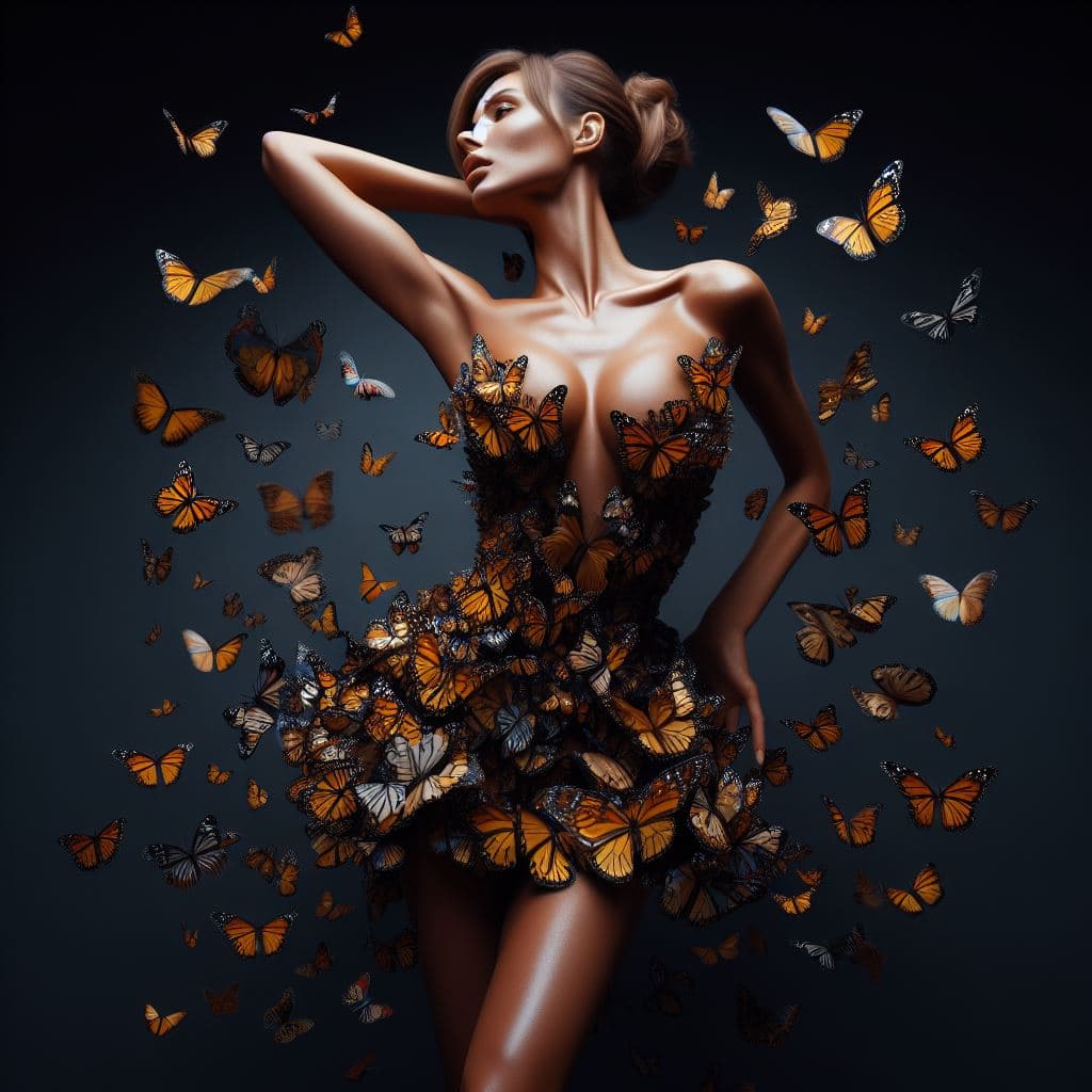 A digital illustration of a woman wearing a strapless dress made entirely of monarch butterflies, with additional butterflies floating around her against a dark background. The image has a surreal, high-fashion aesthetic with dramatic lighting.