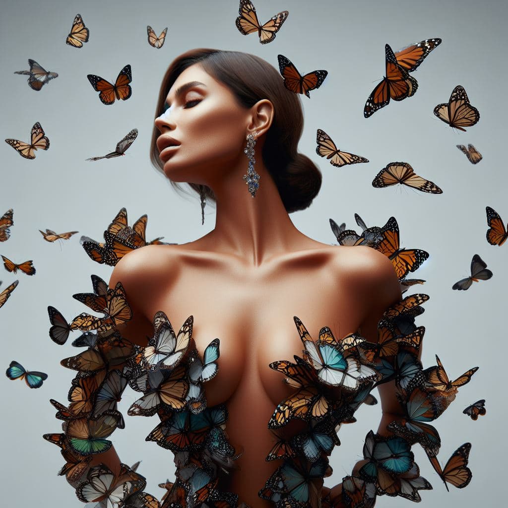 A digital illustration of a woman with her eyes closed, wearing a dress made entirely of butterflies, with more butterflies floating around her against a plain gray background. The image has a surreal, artistic style with a focus on the intricate details of the butterfly wings.