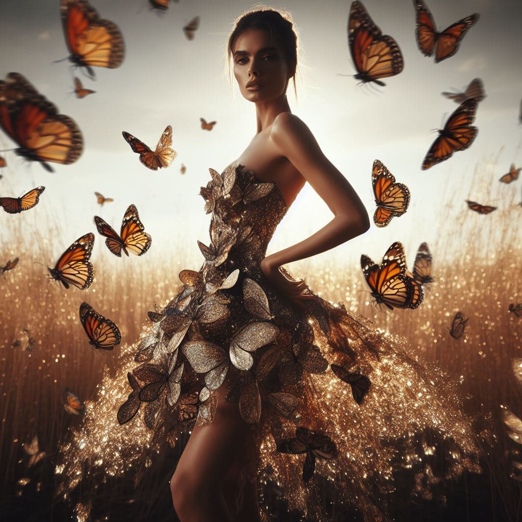 A woman stands in a field of tall, golden grass wearing a strapless dress made of glittering, butterfly-wing-like pieces, with numerous monarch butterflies flying around her against a bright, hazy sky.