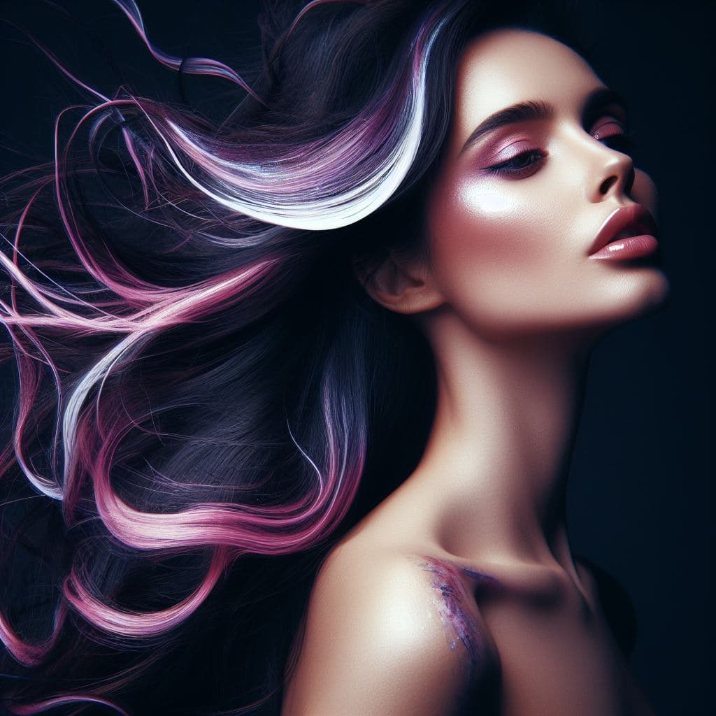 A digital art portrait of a woman with long, flowing dark hair featuring vibrant pink and white streaks, shown in profile against a black background. The image has a glossy, high-contrast aesthetic typical of AI-generated or heavily stylized digital illustrations.