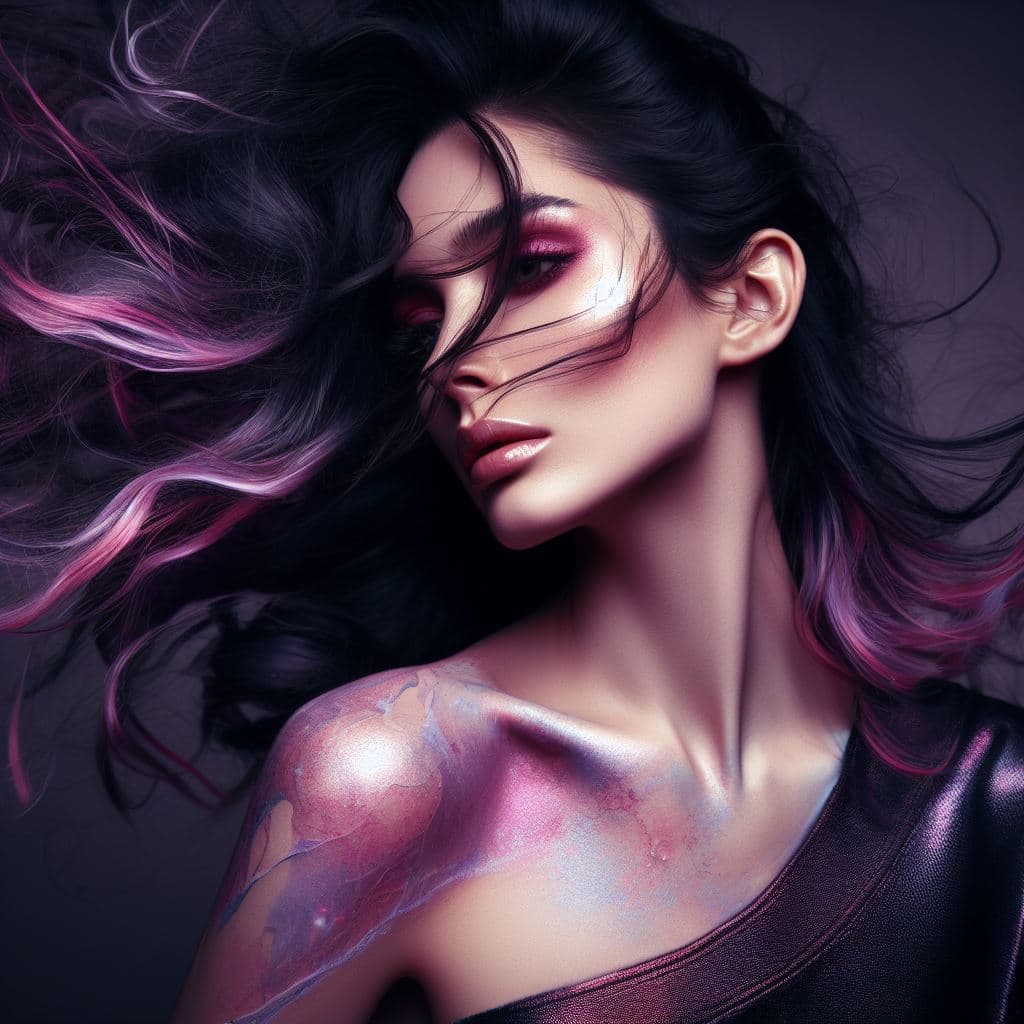 A digital art portrait of a woman with long, dark hair featuring pink and purple streaks, styled to blow across her face. She has iridescent, metallic body paint on her shoulder and chest, and wears a dark, textured top against a dark background.