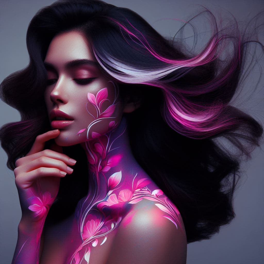 A digital illustration of a woman with long, flowing dark hair featuring vibrant pink and white highlights. She has glowing pink floral patterns on her face, neck, and shoulder, with her hand resting gently near her chin against a neutral gray background.
