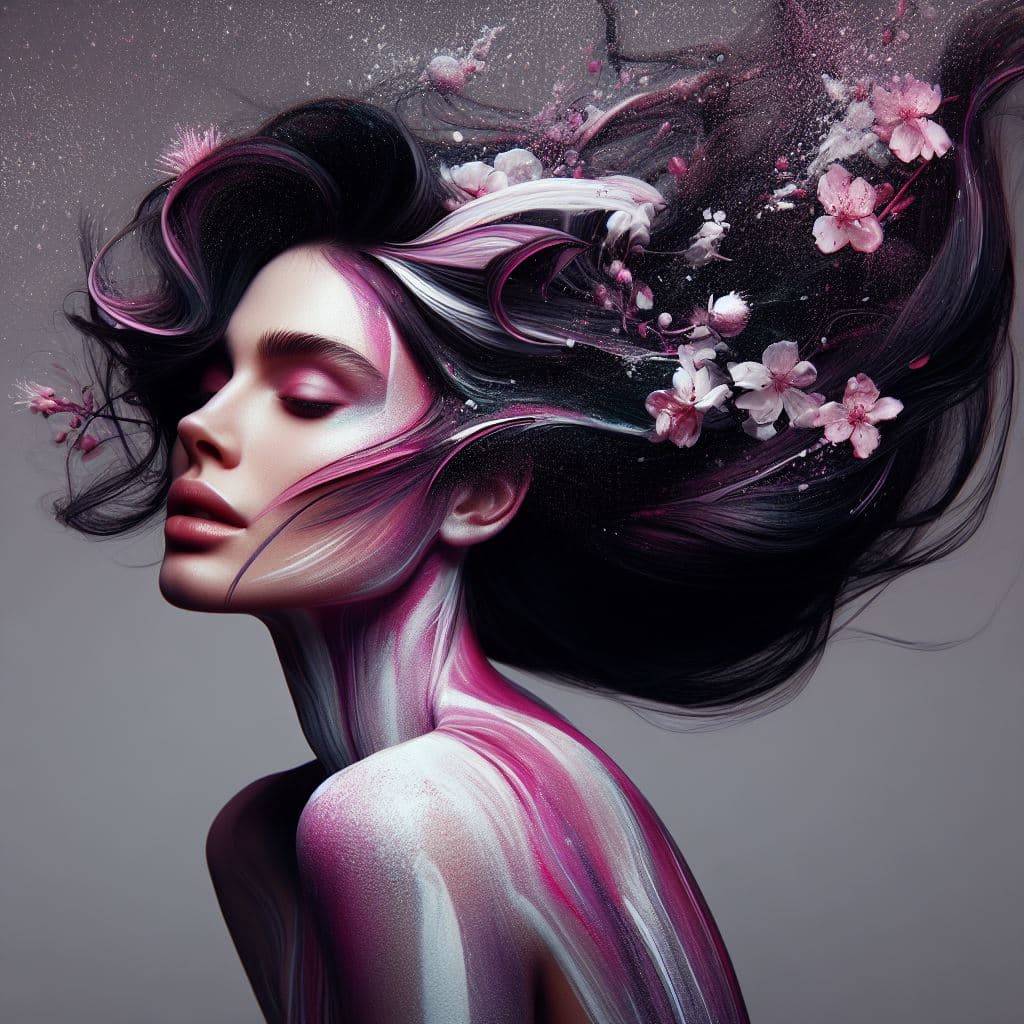 A digital art portrait of a woman in profile with flowing black hair and pink streaks, adorned with pink cherry blossoms and white petals against a dark, textured background.