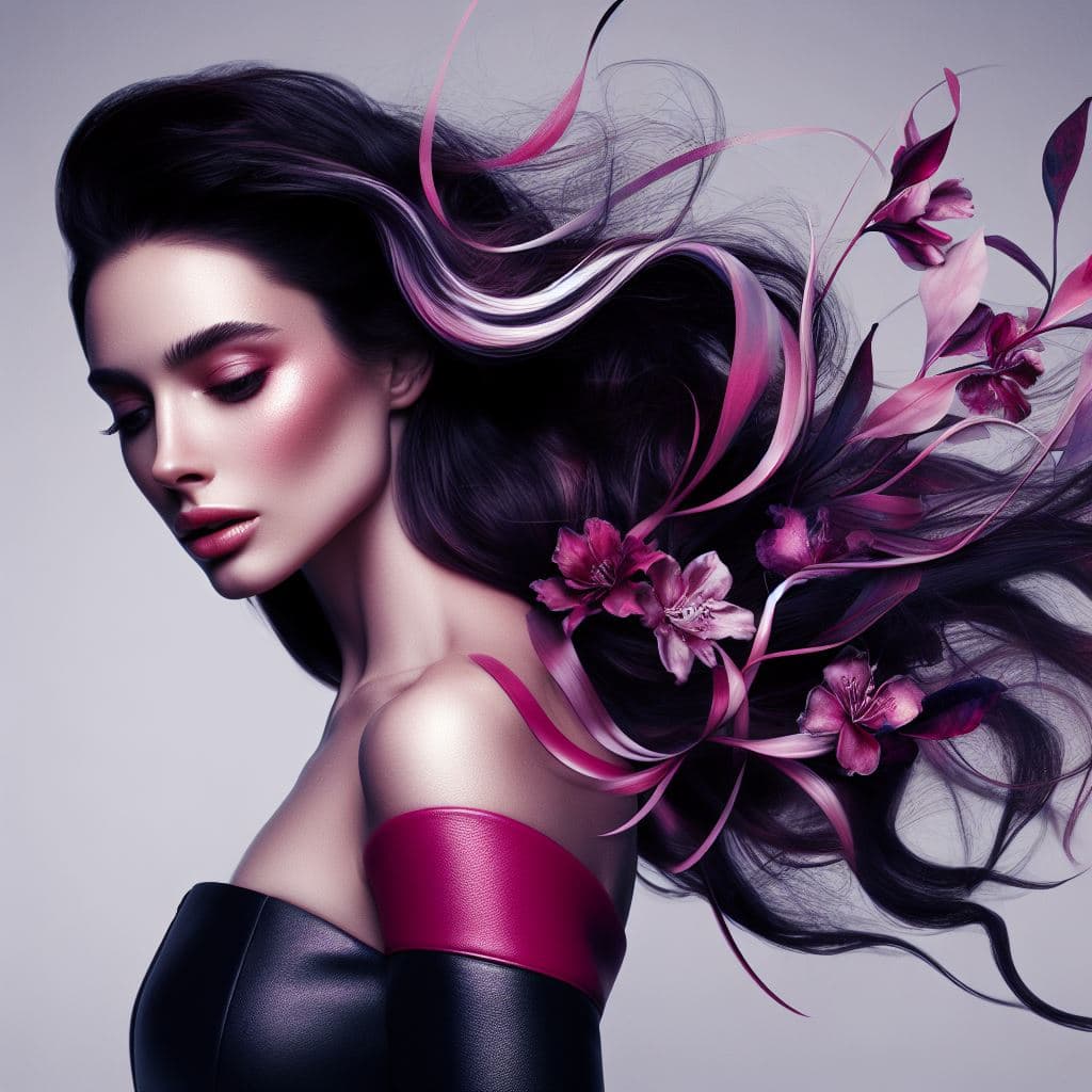 A digital illustration of a woman with long, flowing dark hair interwoven with pink ribbons and flowers. She is wearing a black and pink outfit and is shown in profile against a light gray background.