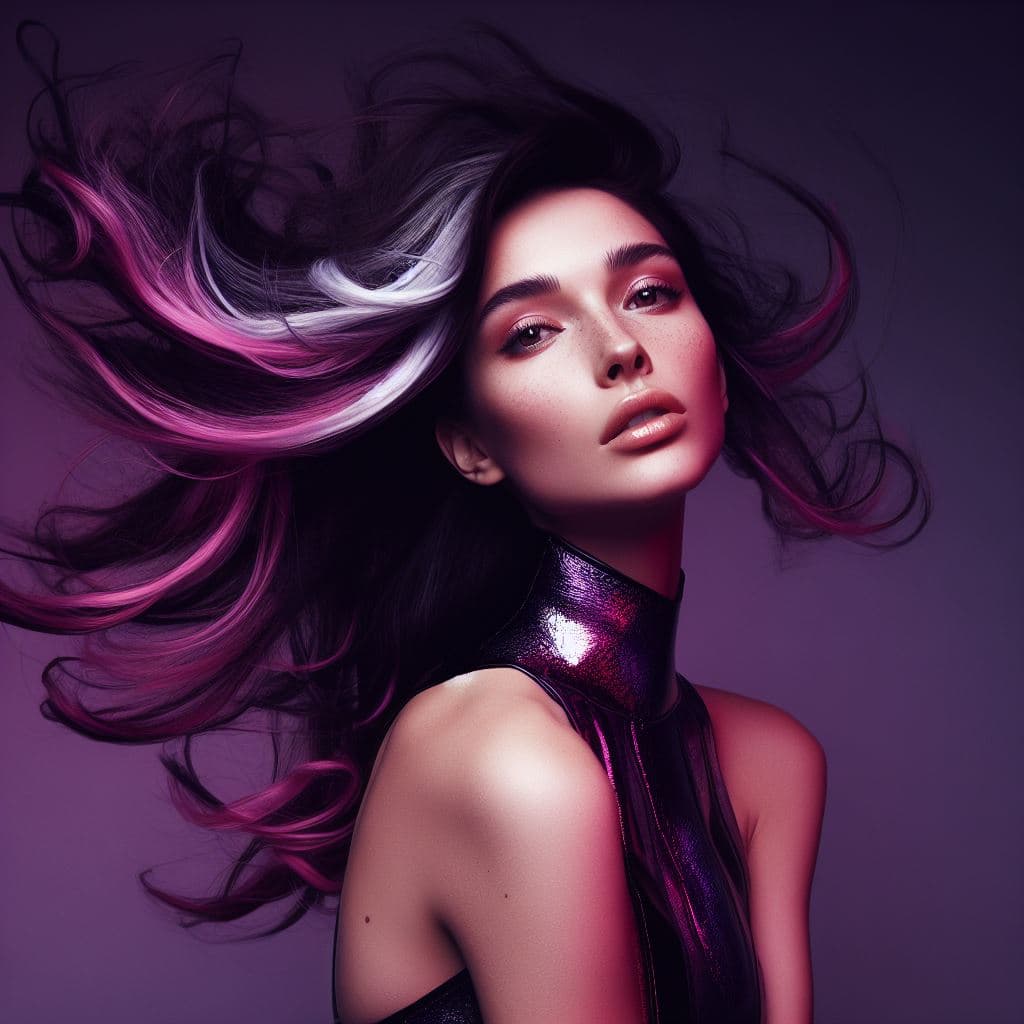 A digital art portrait of a woman with long, flowing dark hair featuring vibrant pink and white streaks, set against a dark purple background. She is wearing a high-collared, iridescent garment that reflects light in shades of purple and pink.