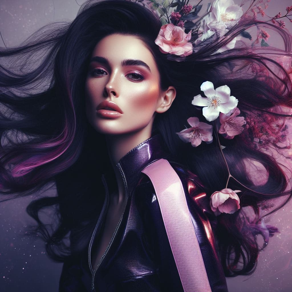 A digital art portrait of a woman with long, flowing dark hair adorned with pink and white flowers. She is wearing a shiny, dark jacket with a pink strap over her shoulder, set against a soft, purple-toned background.