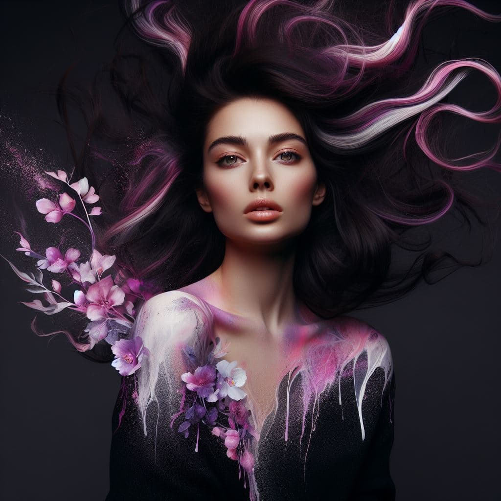 A digital art portrait of a woman with dark hair flowing upward, accented with pink and white streaks. She is adorned with pink and purple flowers on her shoulder and chest, set against a dark background.