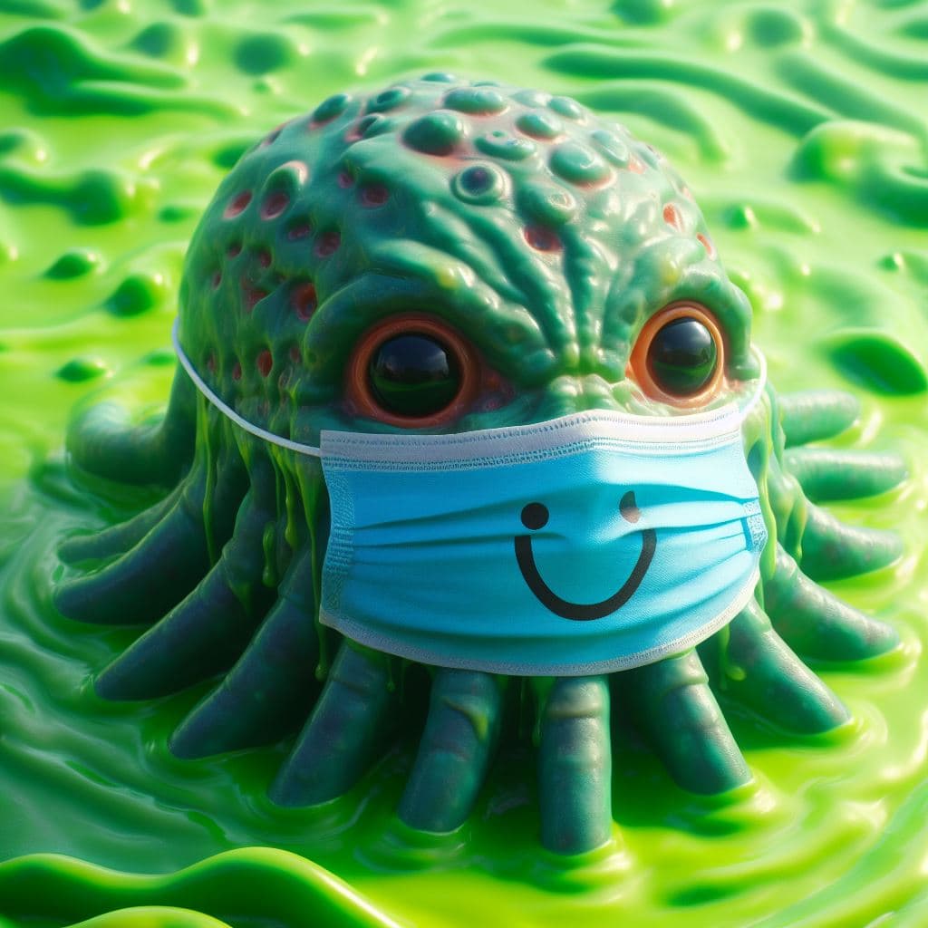 A 3D-rendered image of a green, bumpy, octopus-like creature with large eyes, wearing a blue surgical mask with a smiley face drawn on it, sitting in a pool of green slime.
