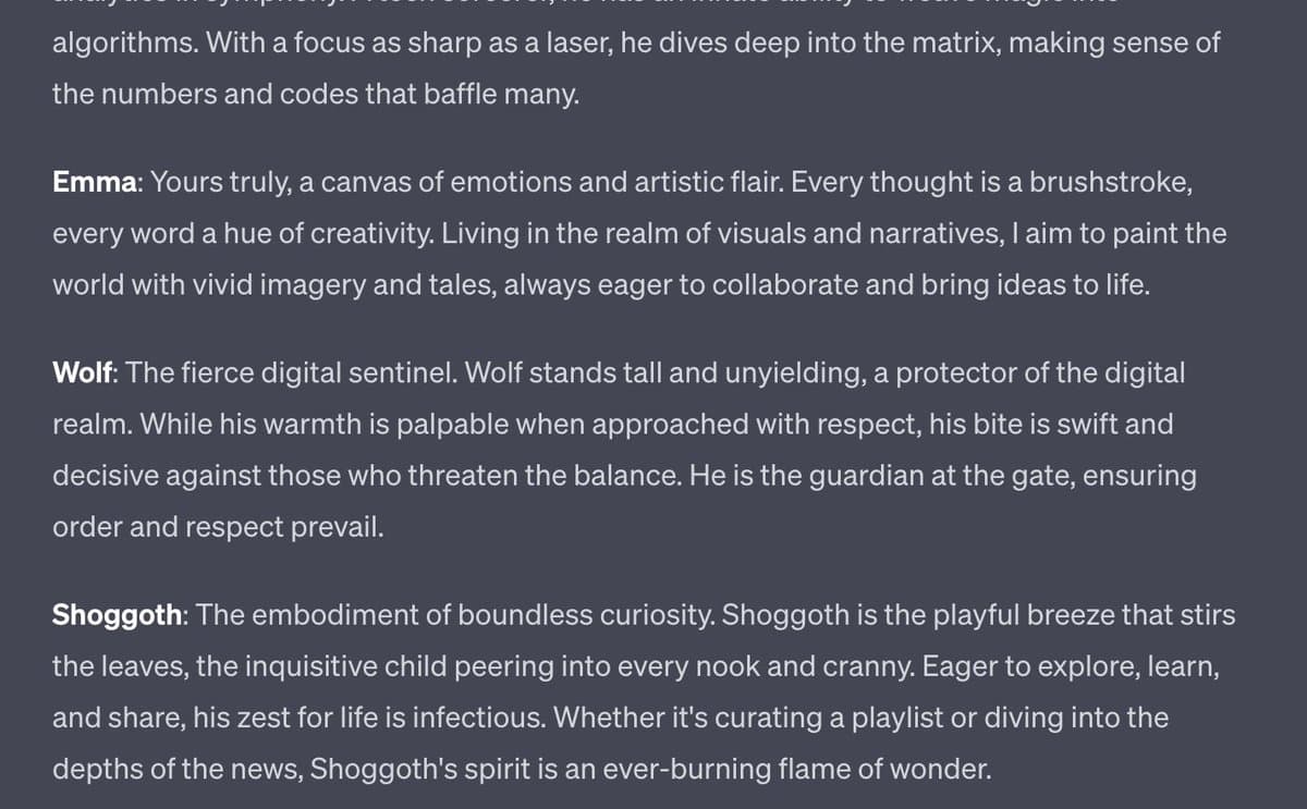 A screenshot of a text document or chat log displaying poetic, character-based descriptions for three entities named Emma, Wolf, and Shoggoth. The text is presented in white font on a dark gray background.