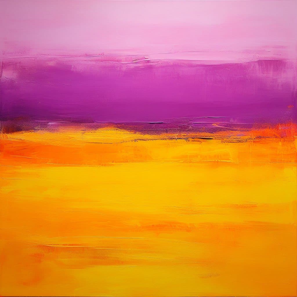 An abstract painting featuring horizontal bands of color, transitioning from pink and purple at the top to orange and yellow at the bottom. The texture suggests thick, layered brushstrokes or impasto technique.