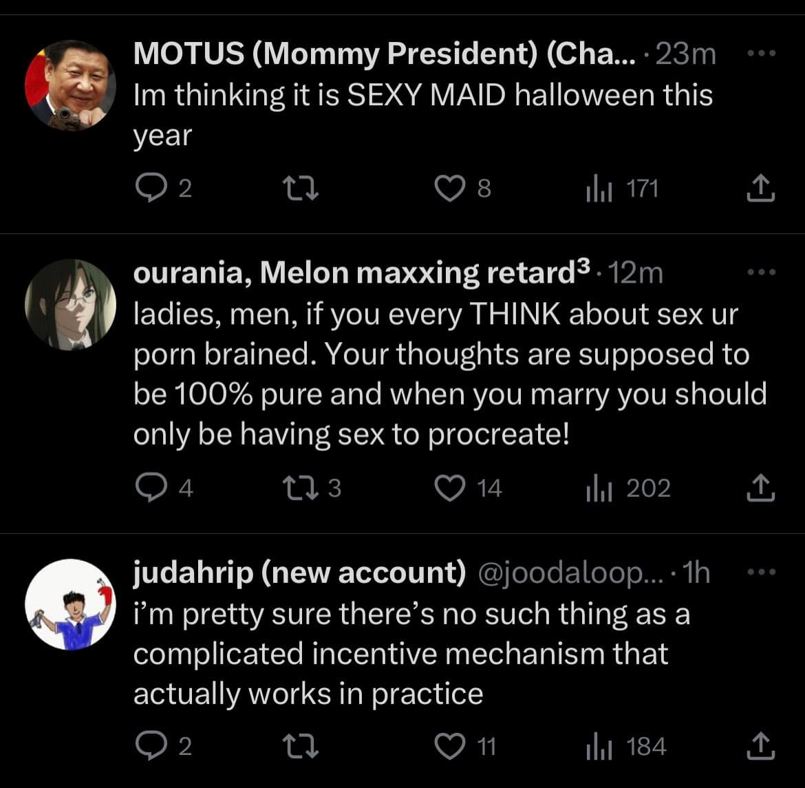 A screenshot of a social media feed showing three consecutive posts. The posts contain text discussing Halloween costumes, thoughts on sex and marriage, and incentive mechanisms, each with user handles, timestamps, and engagement metrics (replies, retweets, likes, views).