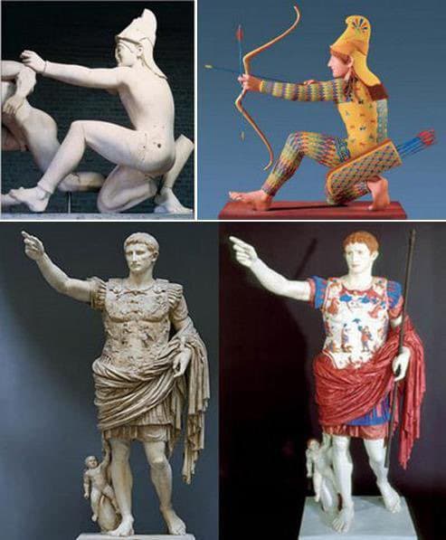 A four-panel collage comparing famous ancient statues in their original white marble form on the left with digitally restored, colorful versions on the right. The top row features a kneeling archer, while the bottom row shows a standing emperor figure.