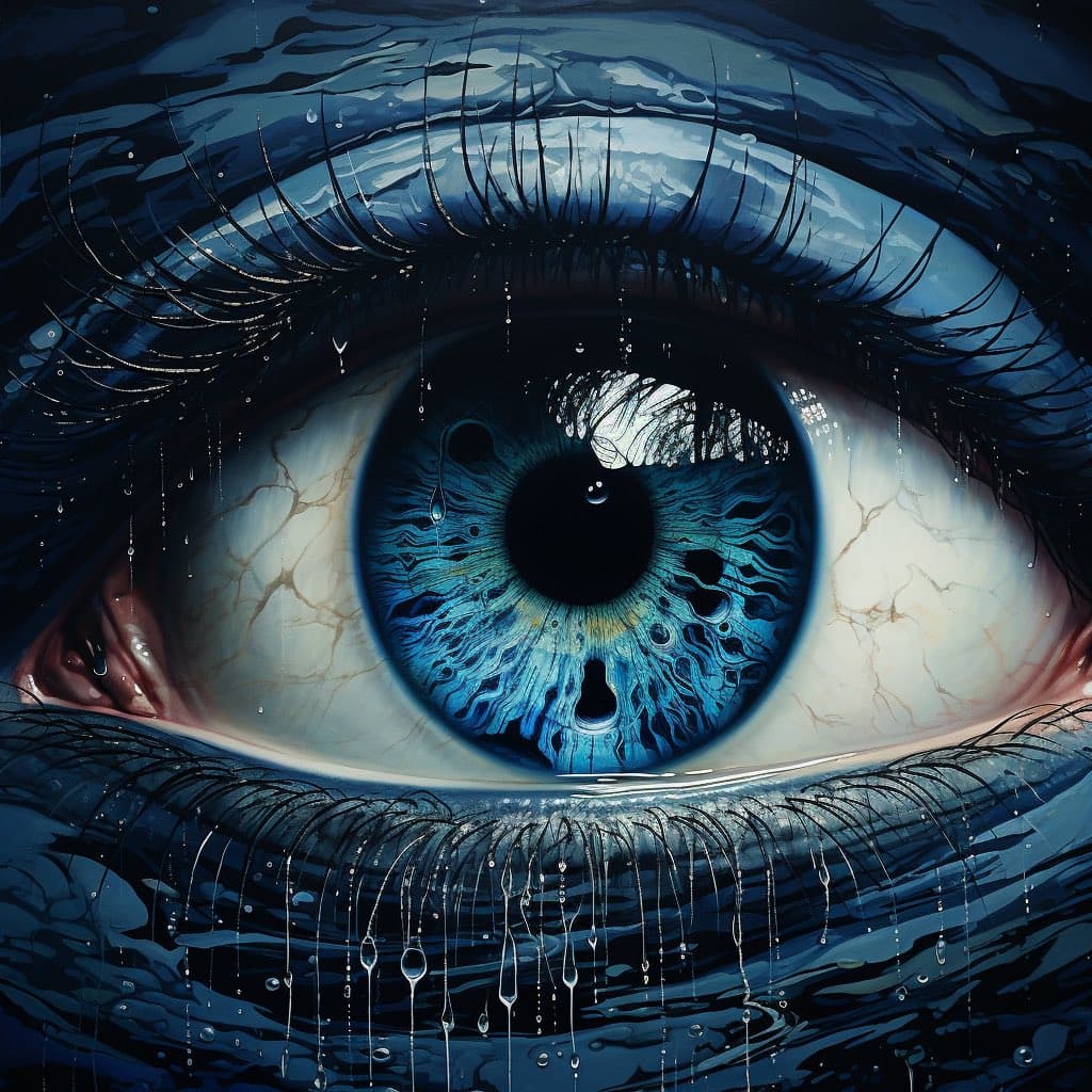 A digital illustration of a close-up human eye with a blue iris, featuring a surreal, water-like texture with ripples and droplets cascading over the eyelashes and surrounding skin.