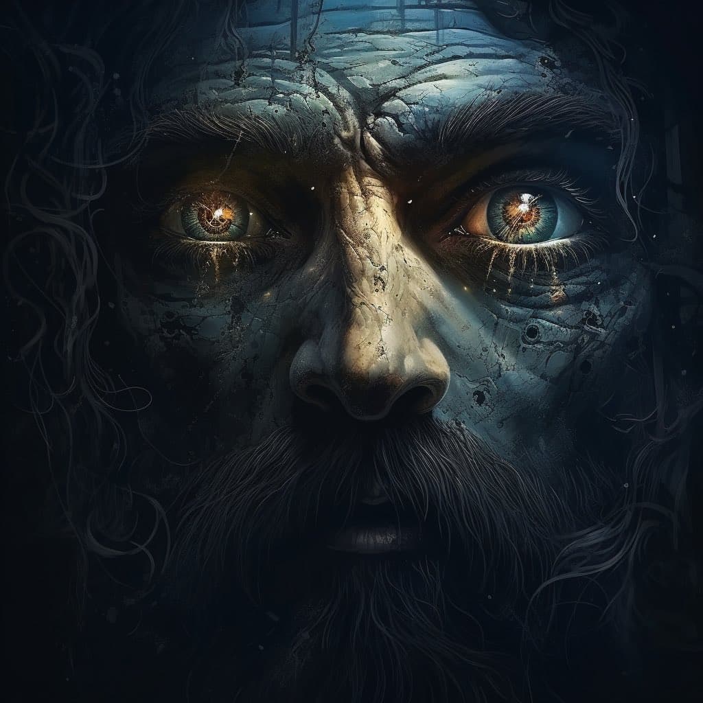 A dark, surreal digital artwork depicting a close-up of a weathered, stone-like face with glowing, detailed eyes and a thick beard. The image has a textured, cracked appearance resembling ancient rock or marble, set against a black background.
