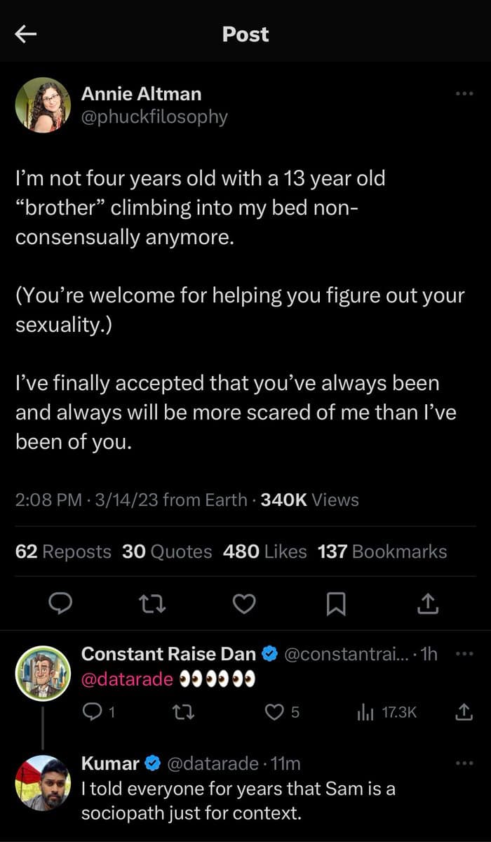 A screenshot of a Twitter thread in dark mode. The main post is by user Annie Altman (@phuckfilosophy), followed by a reply from Constant Raise Dan (@constantrai...) and a reply from Kumar (@datarade).