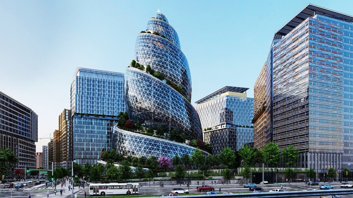 A digital architectural rendering of a futuristic cityscape featuring a prominent, spiraling glass skyscraper with integrated greenery, surrounded by other modern high-rise buildings and a street with traffic.