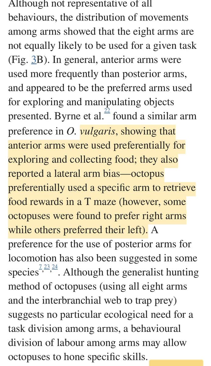 A screenshot of a text excerpt from a scientific article discussing octopus arm specialization, with a portion of the text highlighted in yellow. The passage explains that octopuses show a preference for using anterior arms for exploration and food collection, and posterior arms for locomotion, drawing a parallel to human handedness.