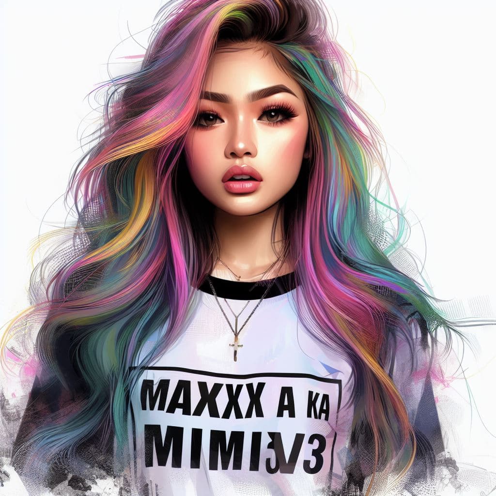 A digital illustration of a young woman with long, wavy hair dyed in vibrant rainbow colors, wearing a white t-shirt with black text and a cross necklace. The image has a stylized, AI-generated aesthetic with a white background.
