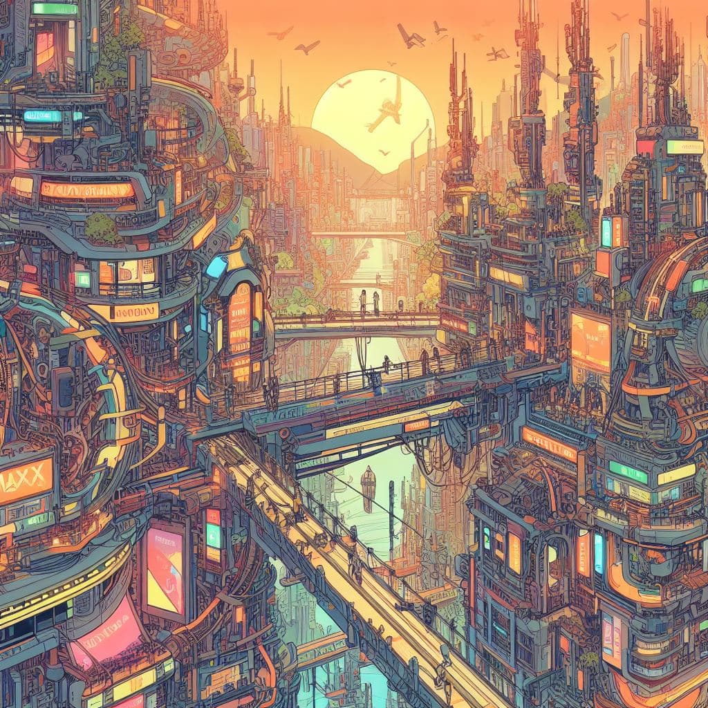 A detailed, colorful digital illustration of a futuristic, cyberpunk-style city featuring towering skyscrapers, elevated walkways, and a large sun in the sky. The image is a generated artwork, likely created by an AI, depicting a dense, complex urban environment with various glowing signs and structures.