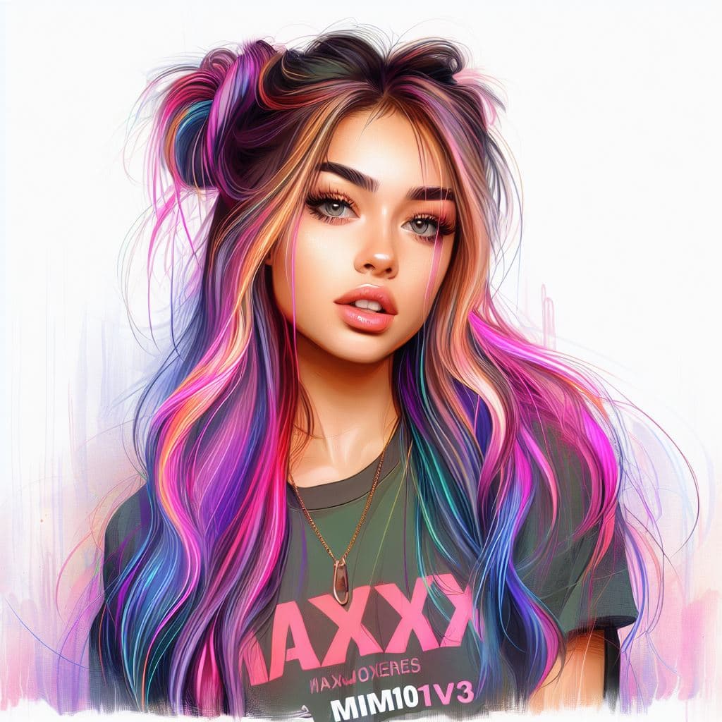 A digital illustration of a young woman with long, wavy hair dyed in vibrant shades of pink, purple, and blue, styled in space buns. She is wearing a dark green t-shirt with pink text that reads "MAXX" and "MAX OXERES MIM101V3".