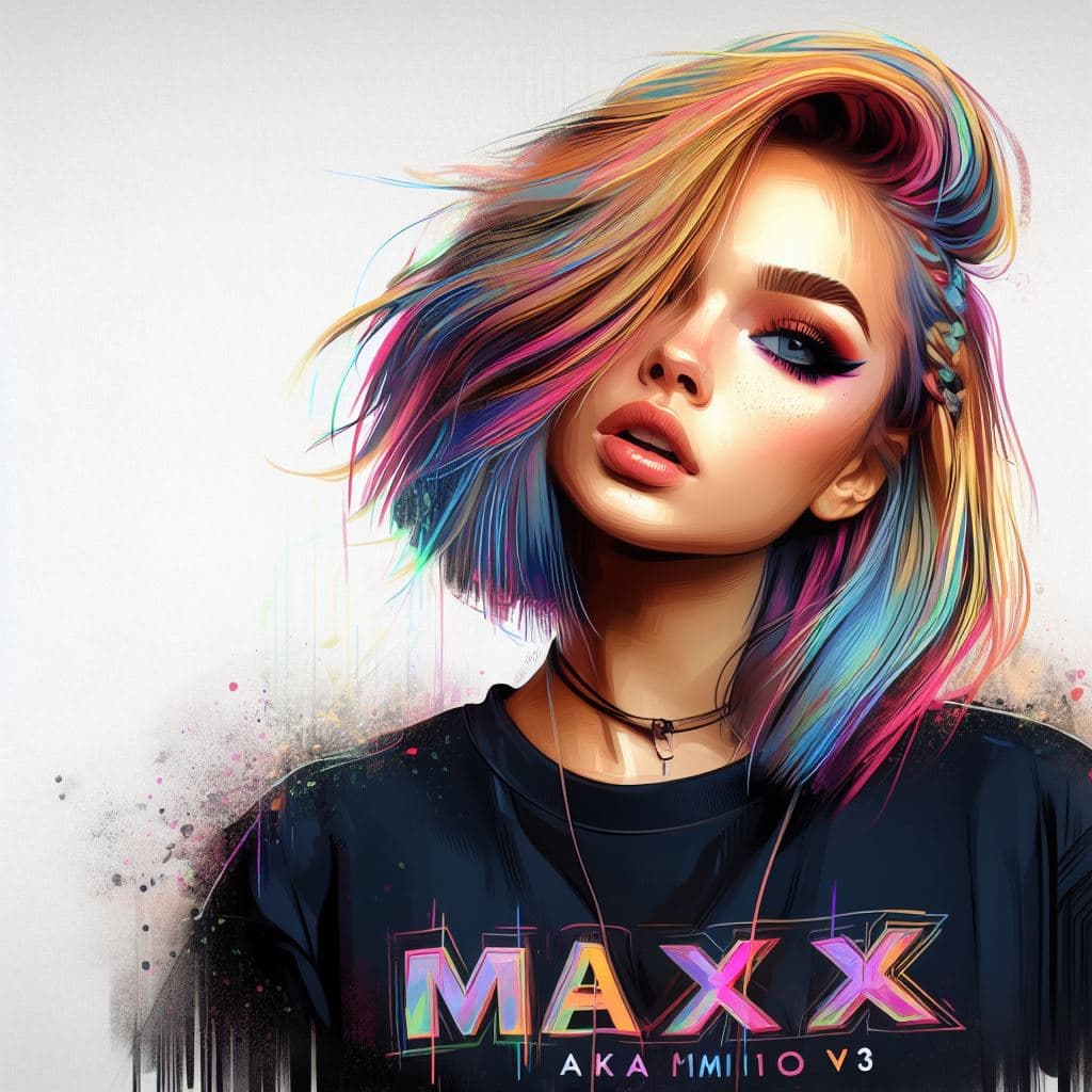 A digital illustration of a young woman with vibrant, multicolored hair wearing a black t-shirt. The shirt features the word "MAXX" in large, stylized letters with smaller text below it.