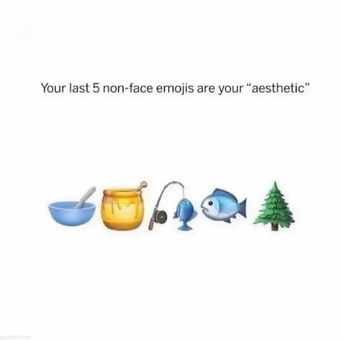 A text-based meme on a white background that humorously suggests a person's aesthetic is defined by their recent emoji usage. Below the text, a row of five emojis is displayed: a bowl, a honey pot, a fishing rod with a fish, a blue fish, and a pine tree.