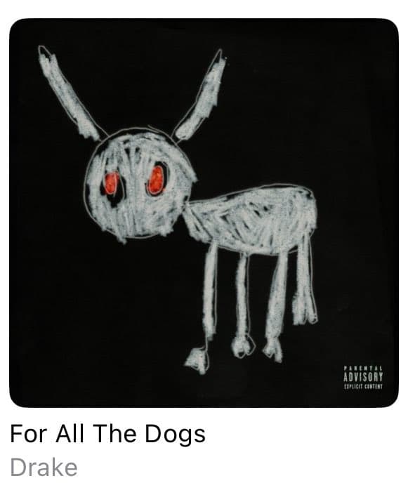 A square image resembling an album cover featuring a crude, white chalk-style drawing of a four-legged creature with long ears and glowing red eyes on a black background. Below the image, the text reads "For All The Dogs" followed by "Drake" in a lighter font. A small "PARENTAL ADVISORY EXPLICIT CONTENT" logo is visible in the bottom right corner of the artwork.