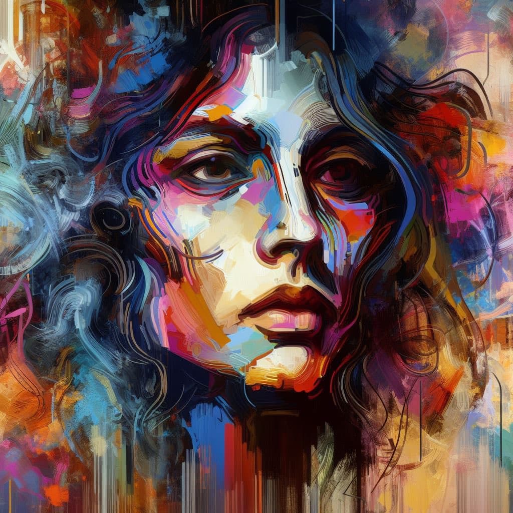 A vibrant, abstract digital painting of a person's face, rendered in a colorful, expressive style with bold brushstrokes and a mix of warm and cool tones. The artwork features swirling patterns and a dynamic composition that emphasizes emotion and movement.