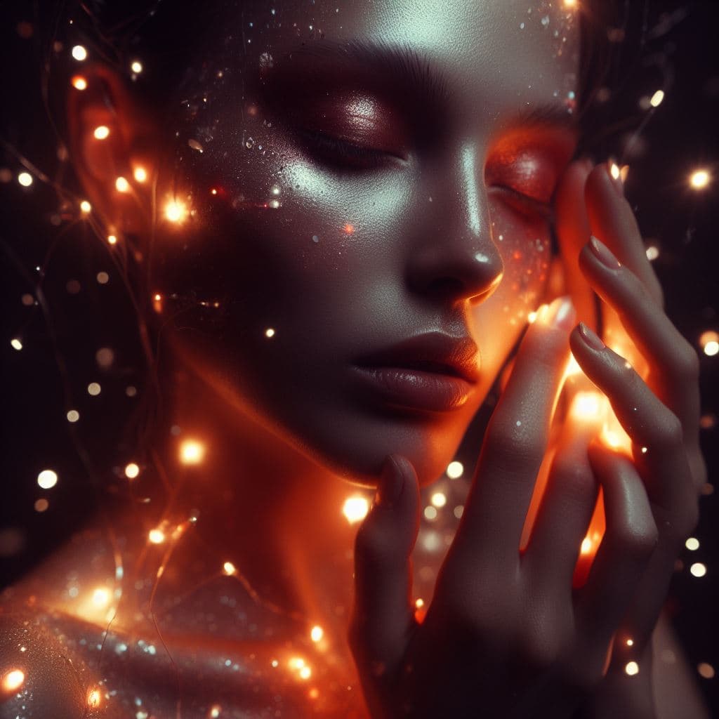 A close-up, artistic portrait of a person with their eyes closed and hands gently raised near their face, illuminated by warm, glowing lights and sparkling particles. The image features a dreamy, ethereal aesthetic with a strong contrast between deep shadows and bright, golden highlights.