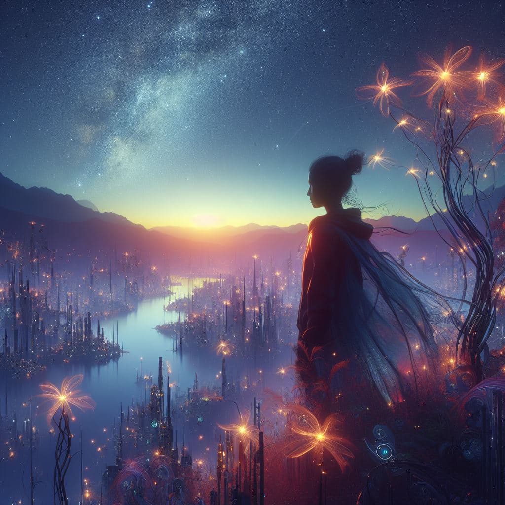 A digital fantasy illustration depicting a silhouetted figure with a flowing cape standing on a hillside, overlooking a sprawling, illuminated futuristic city at dusk. The scene features a starry night sky with the Milky Way, a glowing horizon, and bioluminescent, flower-like plants in the foreground.