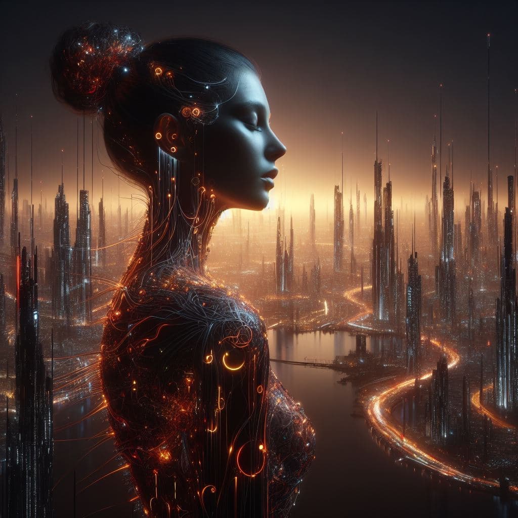 A digital artwork depicting a futuristic, cybernetic woman in profile against a backdrop of a sprawling, illuminated cityscape at dusk. The woman's body is composed of intricate, glowing circuitry and wires, blending human form with advanced technology.