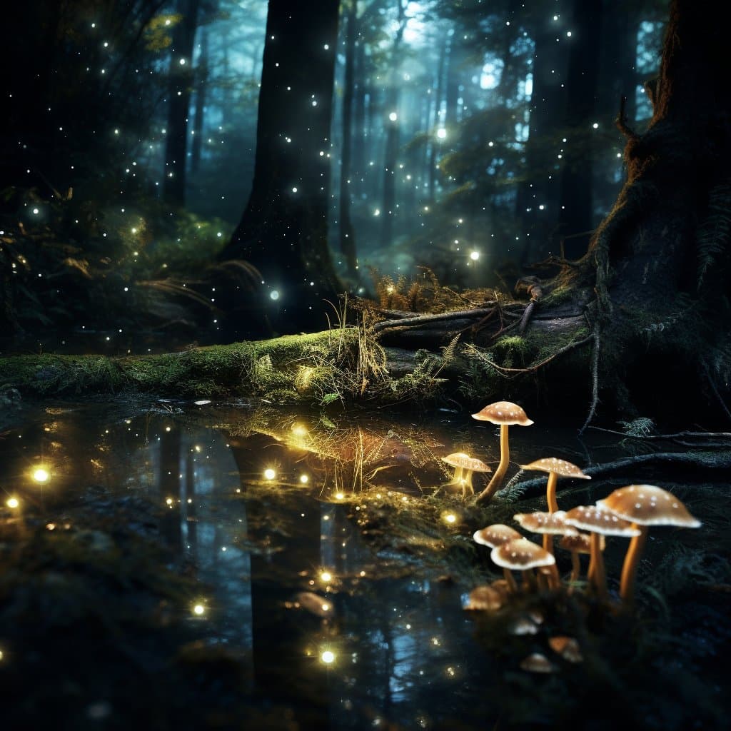 A digital illustration of a dark, mystical forest scene featuring a small pond, tall trees, and glowing fireflies. A cluster of brown-capped mushrooms grows on the mossy bank in the foreground, reflecting in the water.