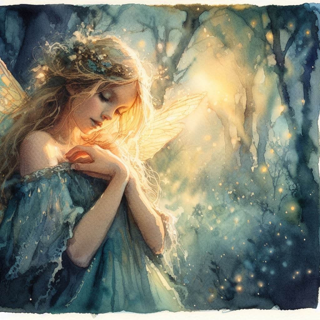 A watercolor-style digital illustration of a fairy with long blonde hair and delicate wings, resting her head on her hands in a serene, dreamlike forest setting. The image features soft, glowing light and a palette of blues, greens, and golds.