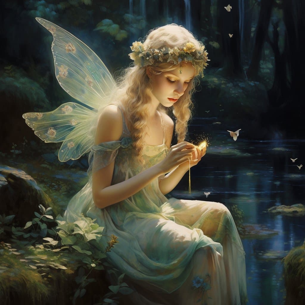 A digital fantasy illustration depicting a fairy with translucent wings and a floral crown sitting by a dark forest stream. She is wearing a flowing, light-colored dress and holding a small, glowing light source in her hands.