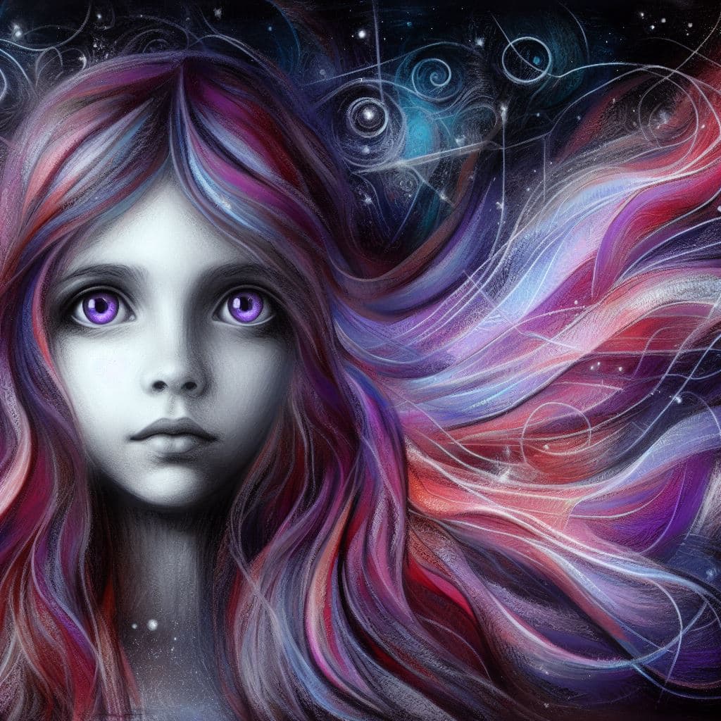 A digital art portrait of a young girl with pale skin and striking purple eyes, featuring long, flowing hair in shades of red, purple, and blue that blends into a cosmic, star-filled background. The image has a surreal, ethereal quality with swirling patterns and celestial elements.