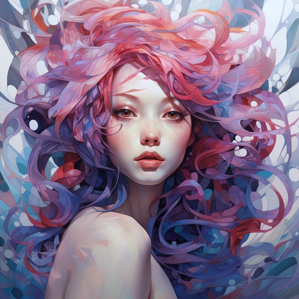 A digital art portrait of a woman with voluminous, flowing hair in shades of pink, purple, and blue, set against an abstract background of similar colors and shapes.