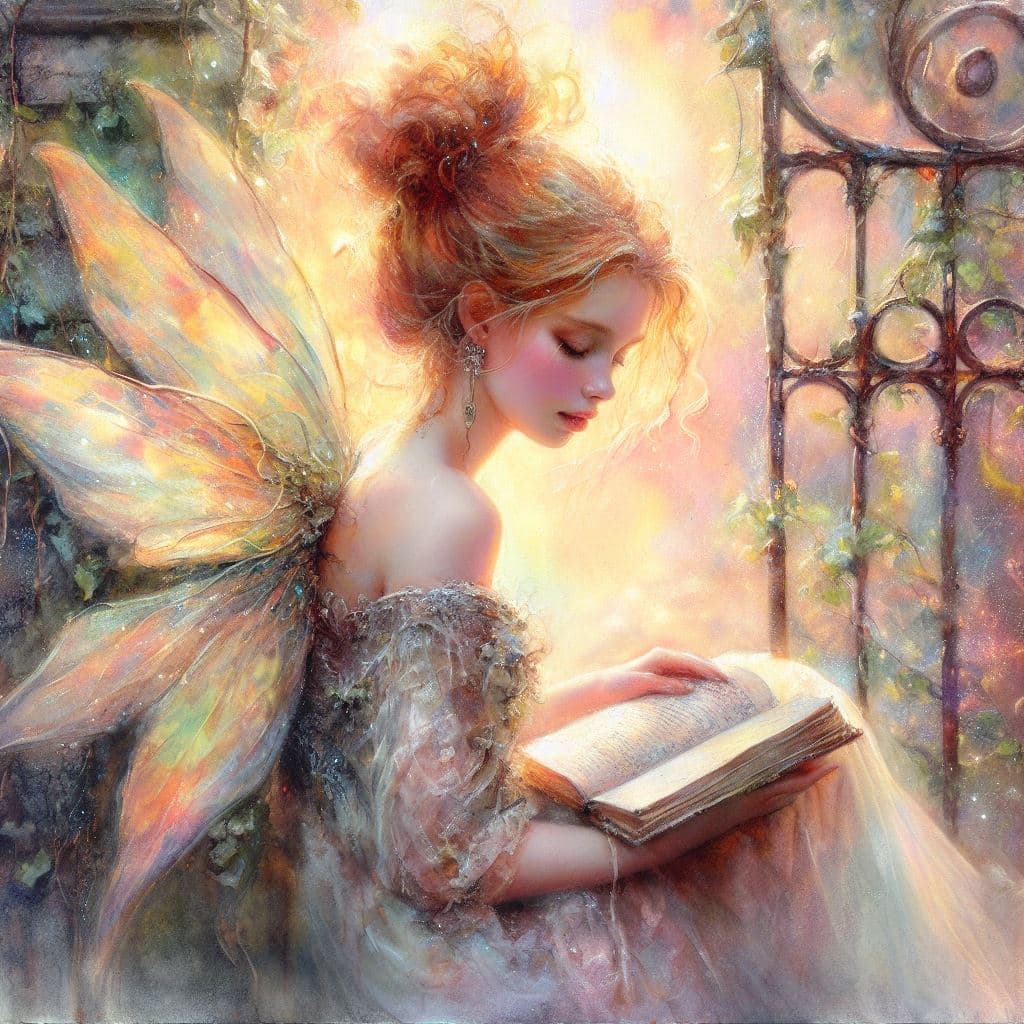 A digital painting in an impressionistic style depicts a fairy with large, translucent wings and red hair in a messy bun, sitting and reading an open book. She is set against a soft, glowing background featuring a wrought-iron gate and foliage. The image is a side-by-side comparison of two AI-generated artworks, with this one on the right.