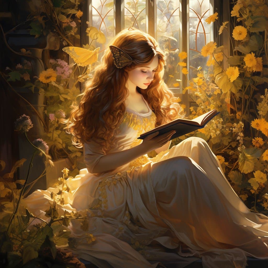 A digital painting of a young woman with long, wavy red hair and small fairy wings, sitting in a sunlit garden and reading a book. She wears a flowing white dress and is surrounded by yellow flowers and greenery.