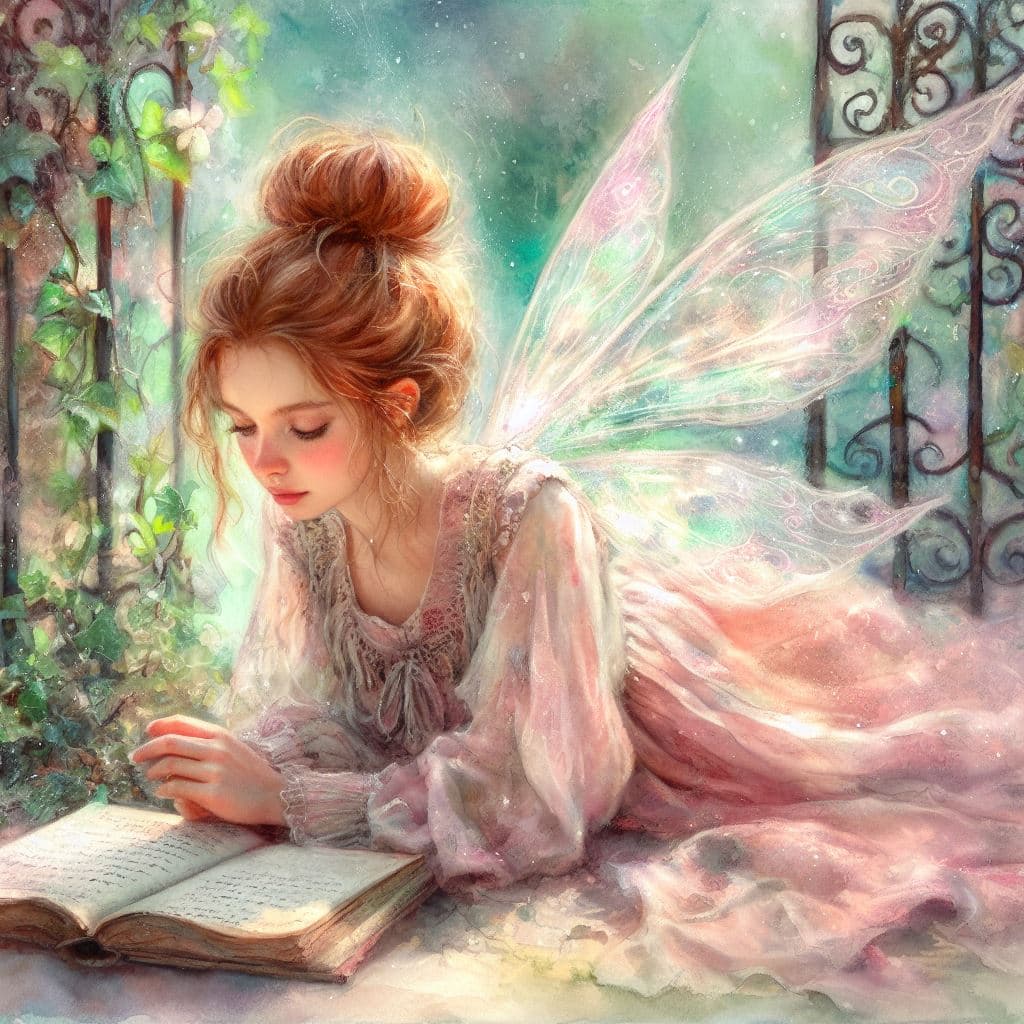 A digital painting in an impressionist style depicts a fairy with red hair in a messy bun and large, translucent wings, lying down and reading an open book in a lush garden setting.