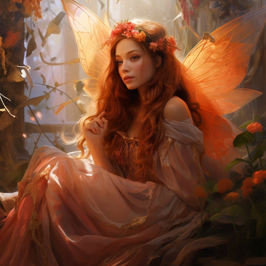 A digital painting of a fairy with long red hair, a flower crown, and large orange wings, sitting in a garden setting. She is wearing a flowing, off-the-shoulder dress and looking toward the viewer. The image has a soft, warm, and ethereal quality with a watercolor-like aesthetic.